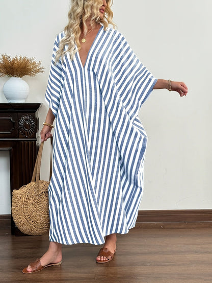 Dame kaftan maxikjole – stripete oversized sommerkjole i resortstil for strand og ferie
