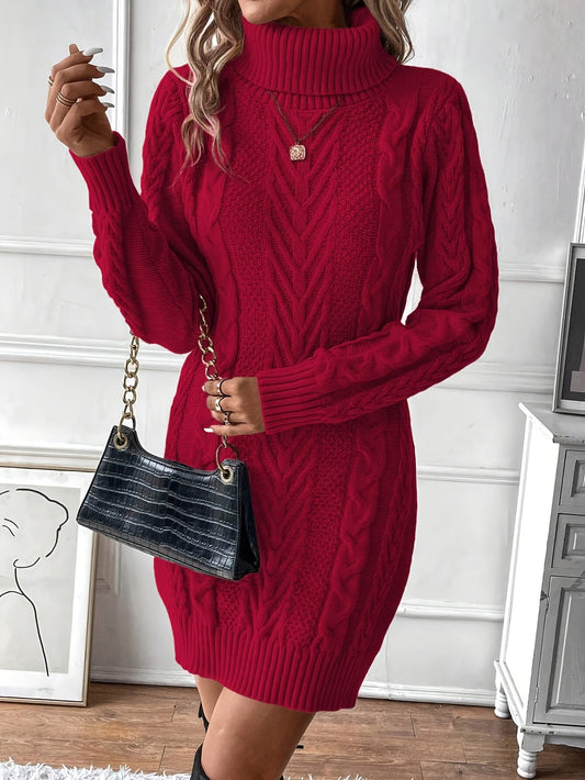 Abito da donna in maglia, collo alto, motivo a trecce, maniche lunghe