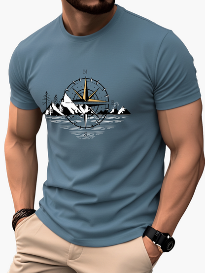 Herre T-shirt med kompas- og bjergmotiv – Outdoor eventyrstil, kortærmet, fritid