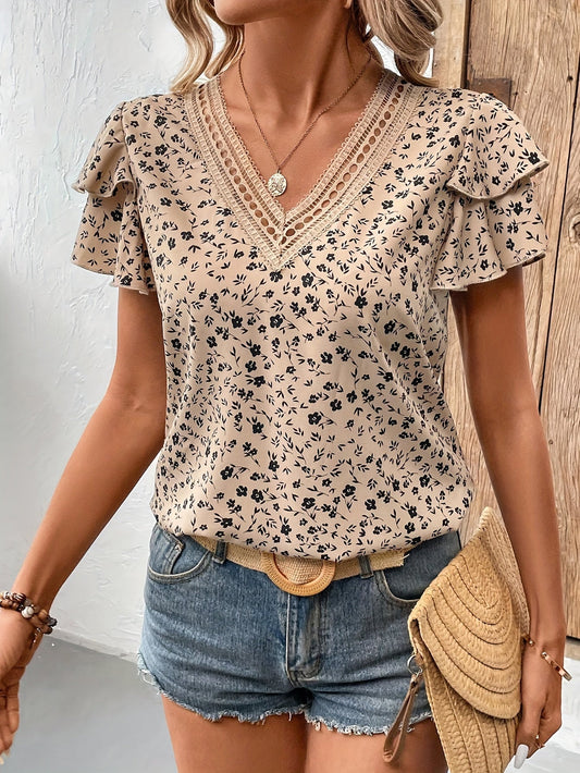 Dame Elegant Bluse med V-hals og volangerm for vår og sommer