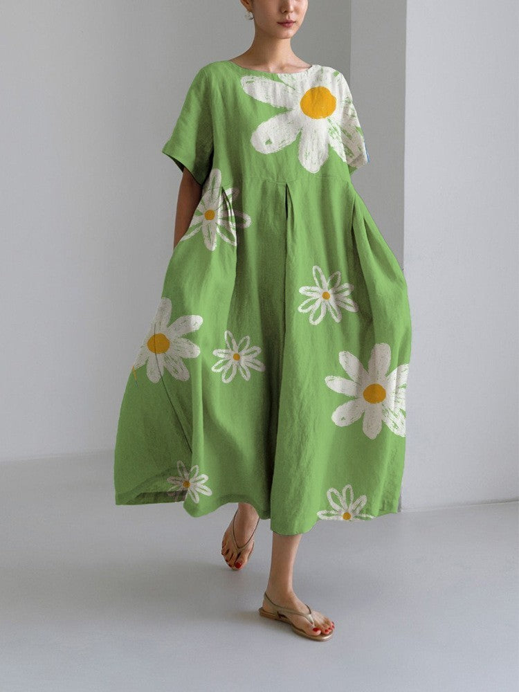 Damen Maxikleid Retro A-Linie mit großen Blumen – Sommerkleid im künstlerischen Vintage-Stil, Elegantes Freizeitkleid
