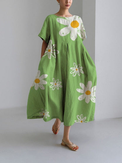 Damen Maxikleid Retro A-Linie mit großen Blumen – Sommerkleid im künstlerischen Vintage-Stil, Elegantes Freizeitkleid