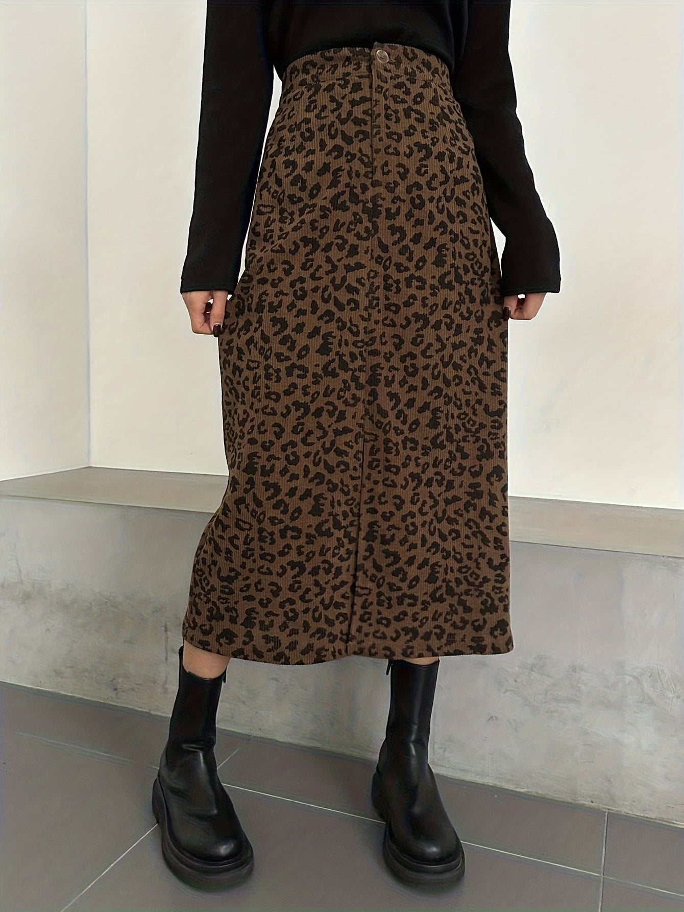 Gonna midi da donna con motivo leopardato e spacco