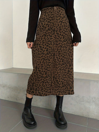 Gonna midi da donna con motivo leopardato e spacco