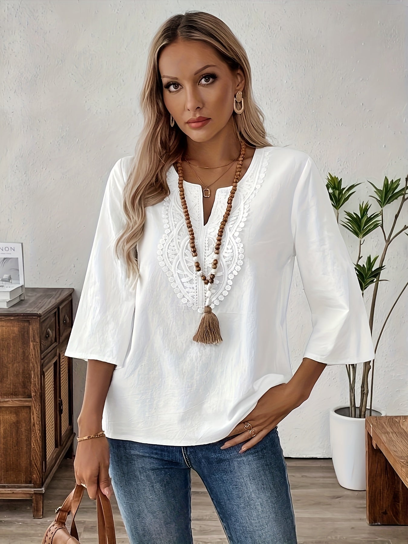 Damen Boho-Bluse mit Stickerei und 3/4-Ärmeln – Elegante Tunika für Alltag & Freizeit