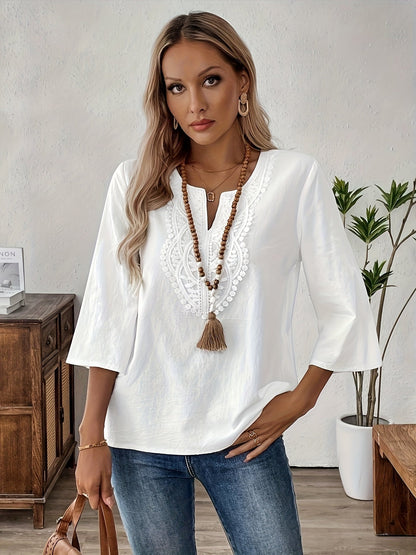 Damen Boho-Bluse mit Stickerei und 3/4-Ärmeln – Elegante Tunika für Alltag & Freizeit