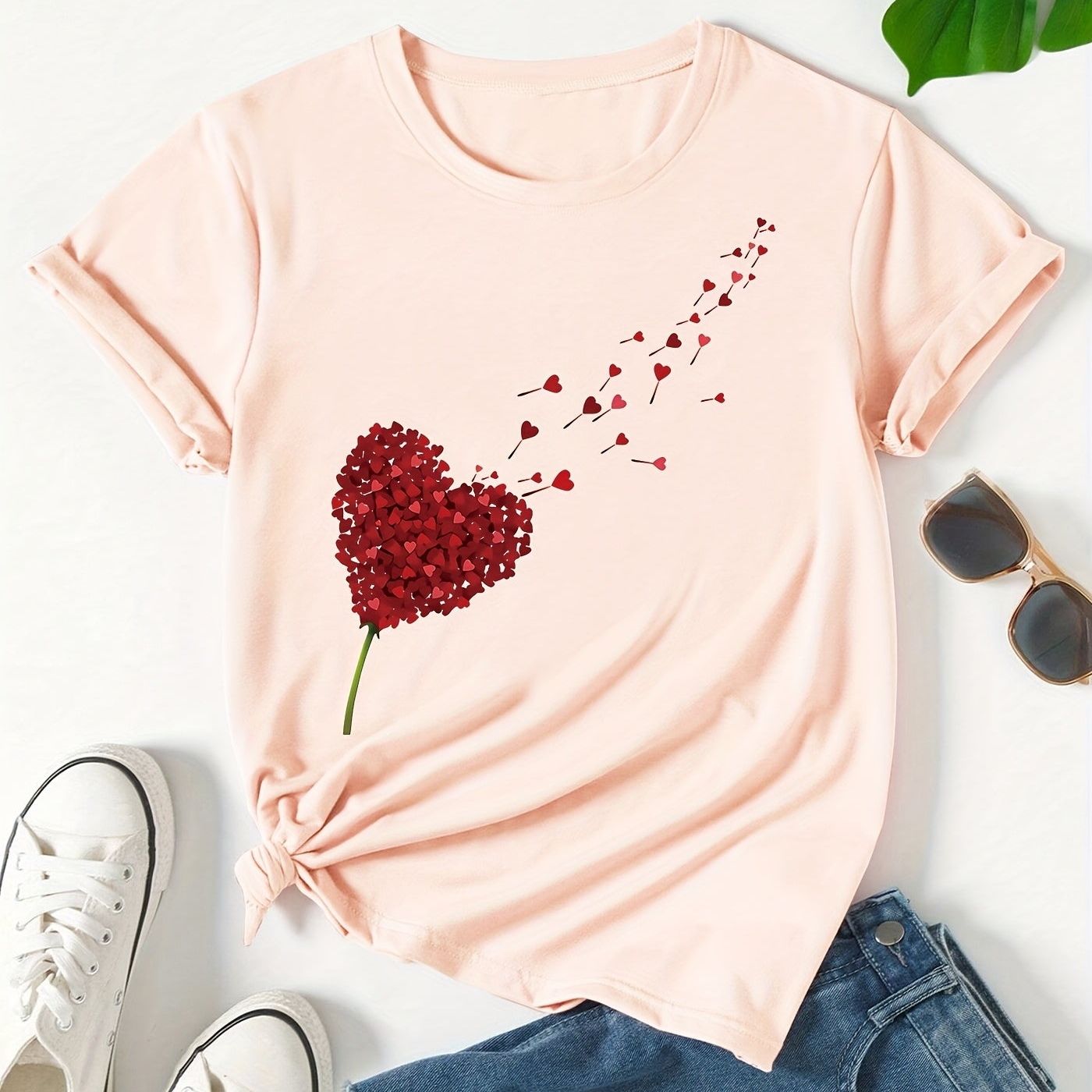 Dame T-shirt med hjerte-motiv – afslappet stil til hverdag og fritid