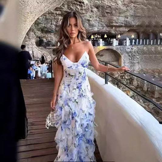 Vestido de noche para mujer con patrón de flores 3D – Elegante vestido largo para ocasiones especiales y fiestas de verano