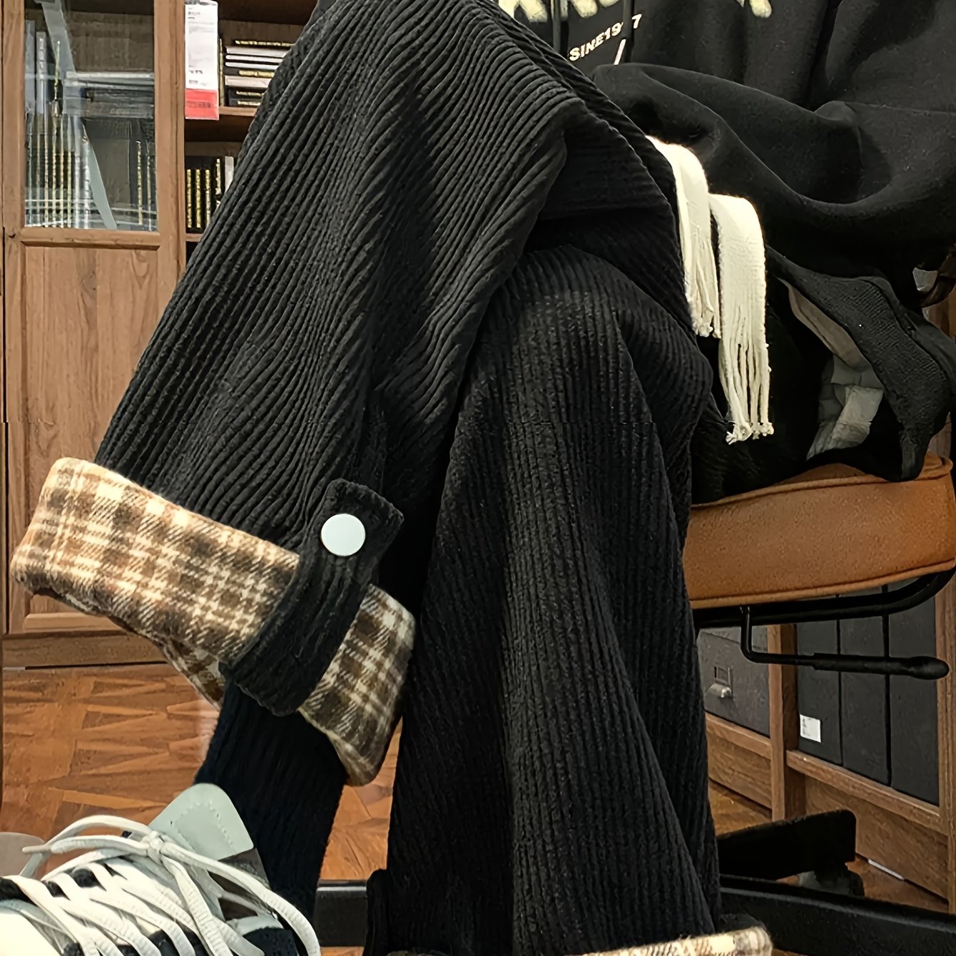 Kordhose Unisex Weites Bein Karo Krempelbund