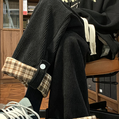Kordhose Unisex Weites Bein Karo Krempelbund