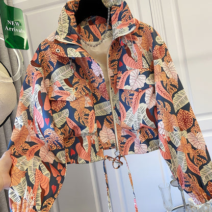 Damen Kurzjacke mit Reißverschluss und tropischem Blättermuster