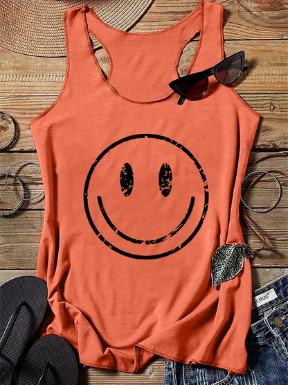 Damski tank top z vintage nadrukiem uśmiechniętej buźki – swobodna letnia koszulka na co dzień