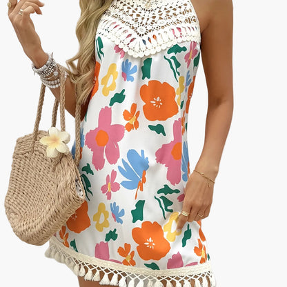 Damen Sommer Tunika Kleid im Boho-Stil mit Paisley-Print und Häkel-Details – Ideal für Strand und Freizeit