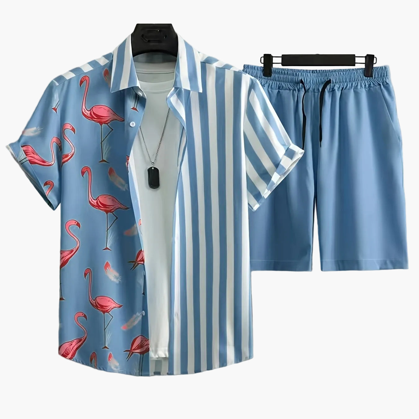 Herr sommar kortärmad fritidsset med flamingo- och randmönster – Perfekt för semester och vardag