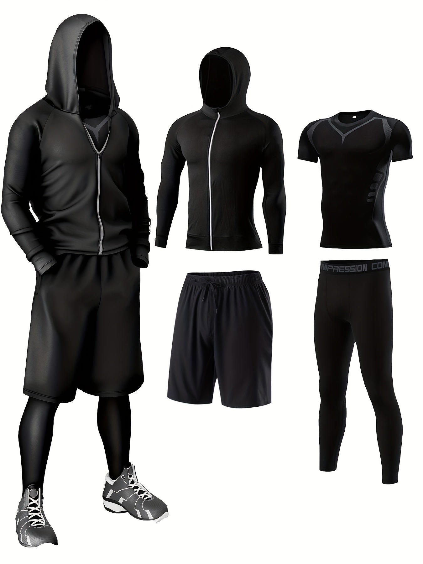 Herren Sport Kompressions-Trainingsanzug Set – 5-teiliges Fitness & Lauf Outfit – Modernes Trainingsset für Workout & Outdoor