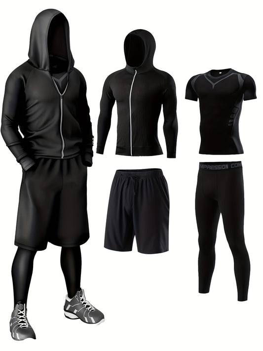 Completo sportivo da uomo con compressione – Set fitness e corsa in 5 pezzi – Set moderno per allenamento e attività all'aperto