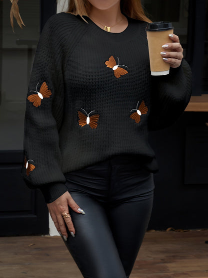 Maglione da donna con ricamo a farfalla, girocollo, maniche lunghe, lavorato a maglia, bianco o nero