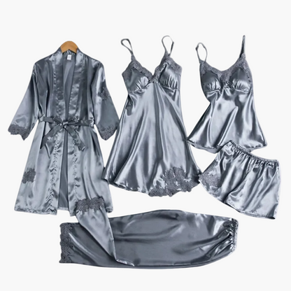 Damen Luxus Nachtwäsche Set 5-teilig – Elegantes Pyjama- und Loungewear Set mit Kimono, Nachthemd, Top, Shorts & Hose