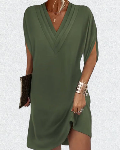 Damen Kleid mit V-Ausschnitt und modernen Schlitzärmeln – Eleganter Freizeitstil für Alltag und Events