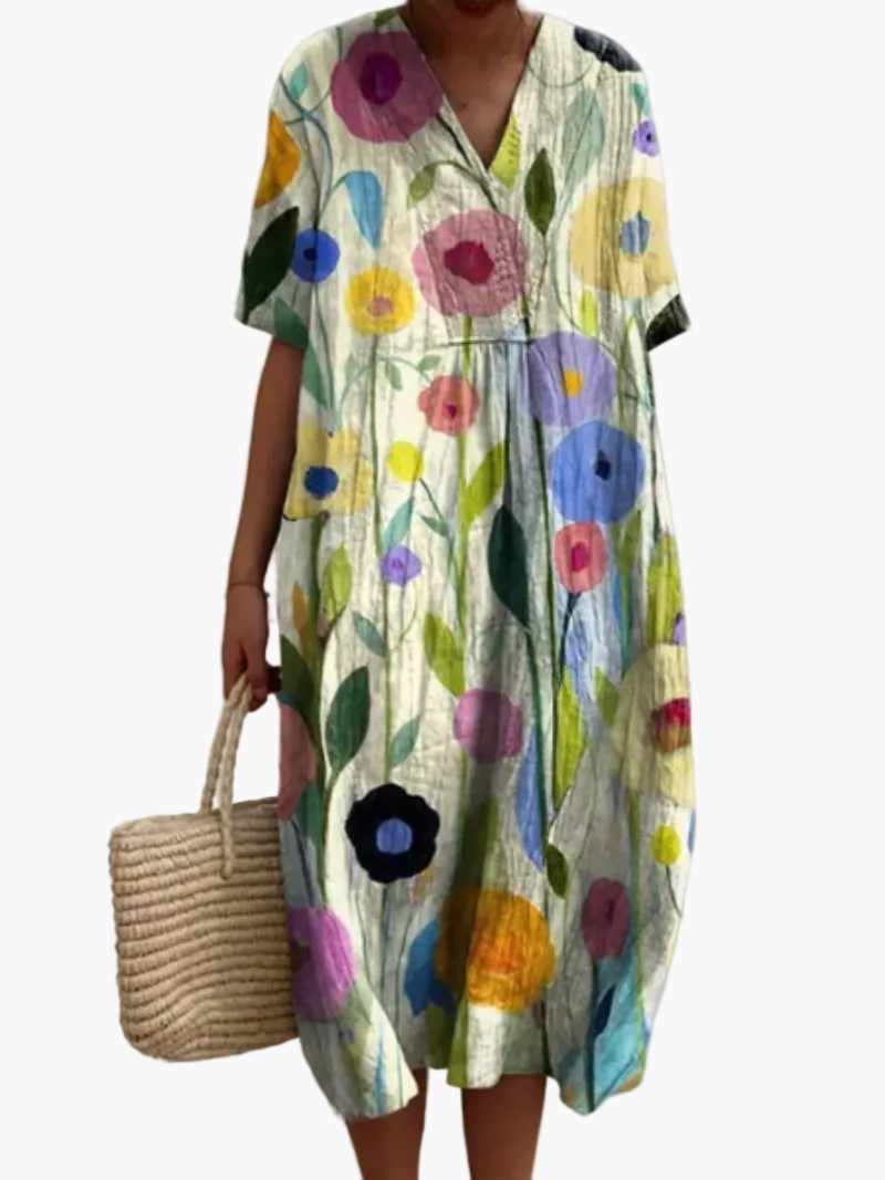 Dame sommerkjole i løs boho-stil – Fritidskjole med blomsterprint og V-udskæring, ideel til strand og hverdag