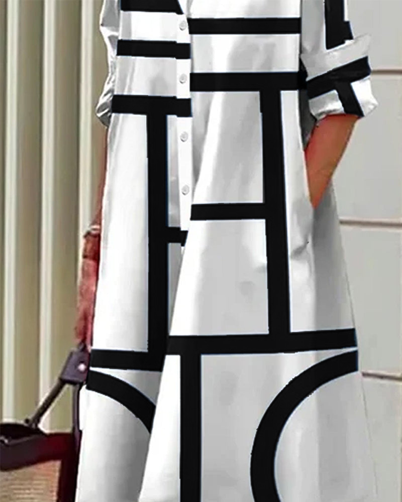 Vestido camisa para mujer con estampado geométrico y bolsillos prácticos – Moderno y versátil para día a día y oficina
