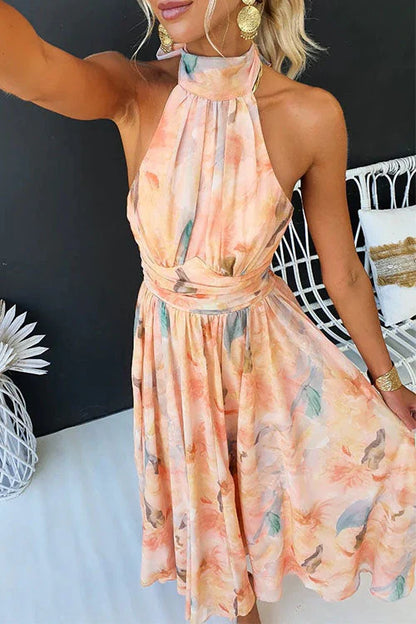 Damen Maxi Kleid – Elegantes Wasserfarben-Design, Halterneck, Festlich & Sommer