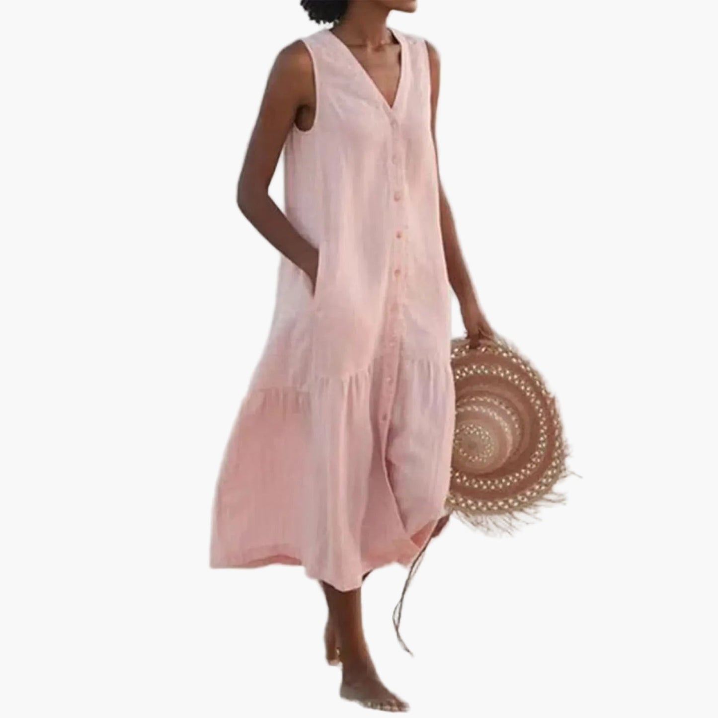 Vestido midi sin mangas de verano para mujer con botonadura – Vestido perfecto para playa y tiempo libre