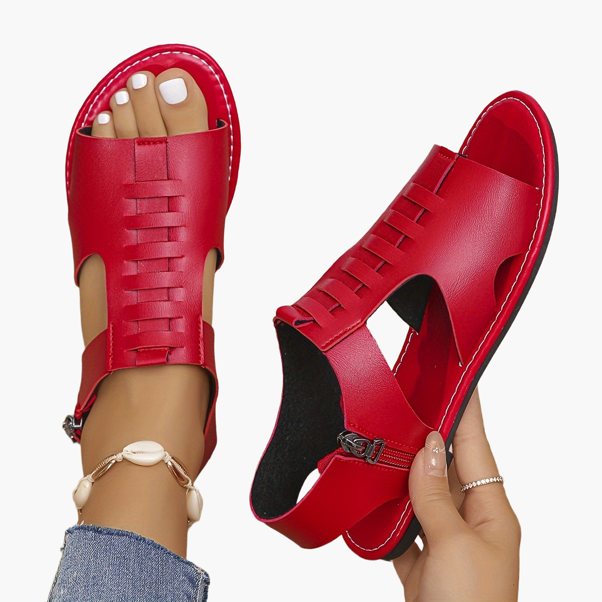 Damen Sommer Sandalen mit Reißverschluss – Bequeme Flats im Boho-Stil für Alltag und Freizeit