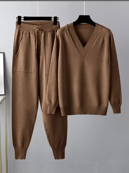 Set da donna in maglia con pullover con scollo a V e pantaloni da jogging