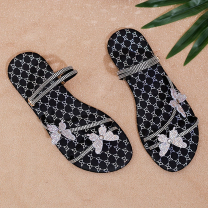 Damen Flache Sandalen mit Strass-Schmetterlingen für Sommer und Freizeit