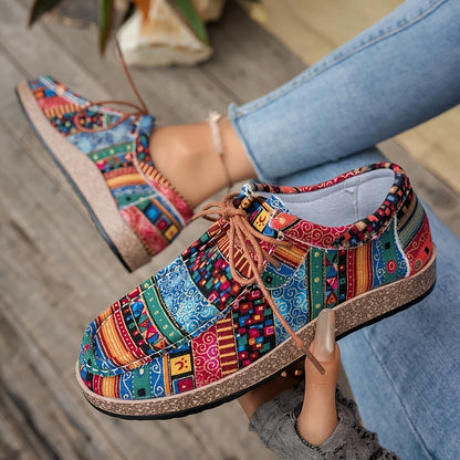 Damen Vintage Freizeitschuhe mit Boho-Muster und Schnürung – Bequeme Alltags-Slipper im Ethno-Stil