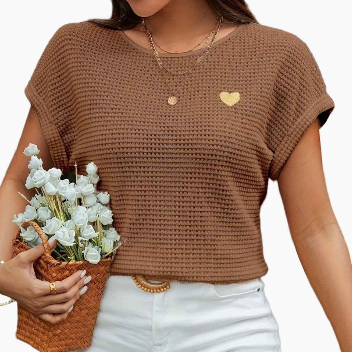 Damen Sommer Strickshirt mit Herz-Detail, Eleganter Freizeit-Look, Kurzarm Oberteil