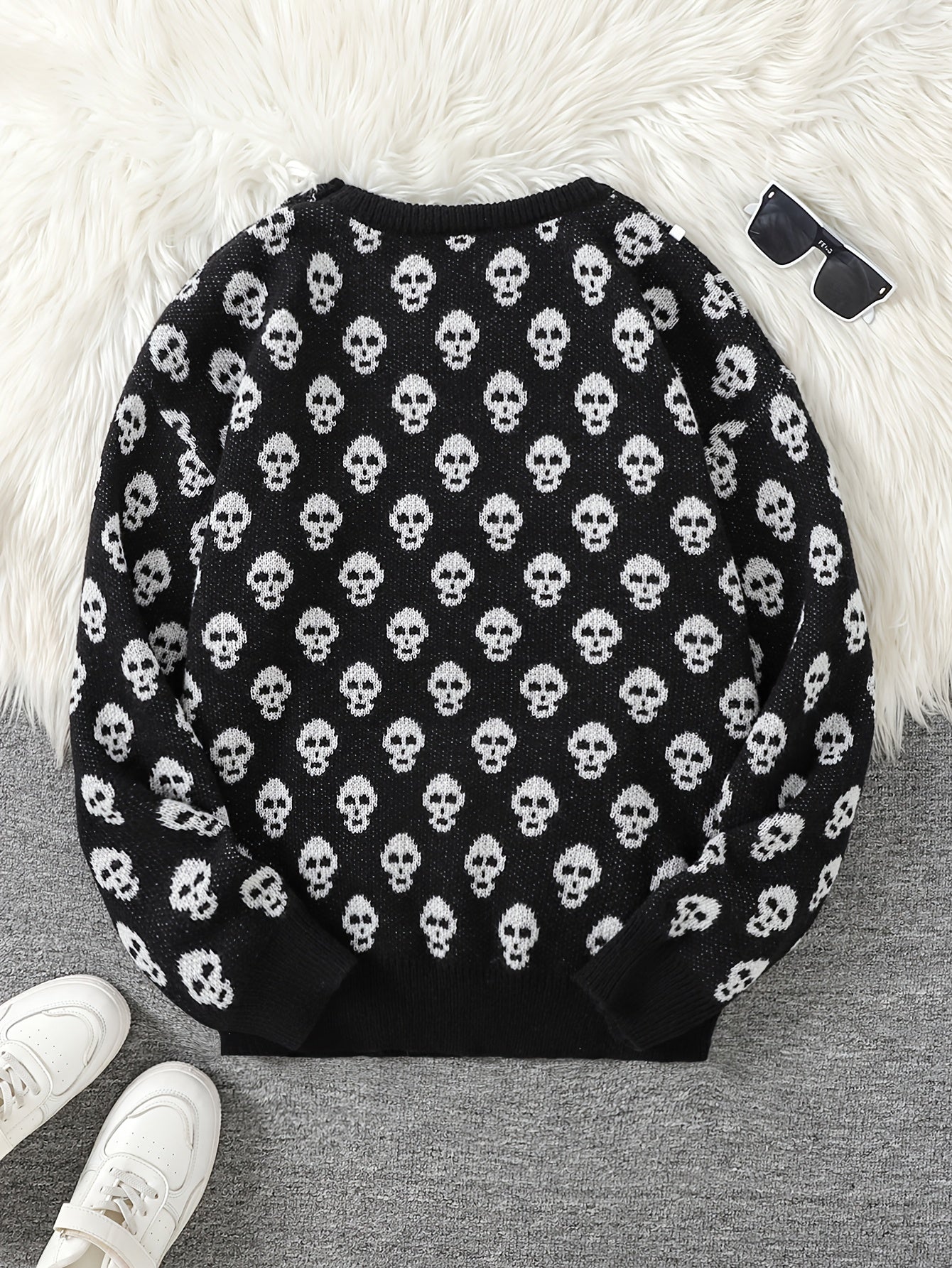 Jersey de punto unisex con cuello redondo, estampado de calavera y manga larga