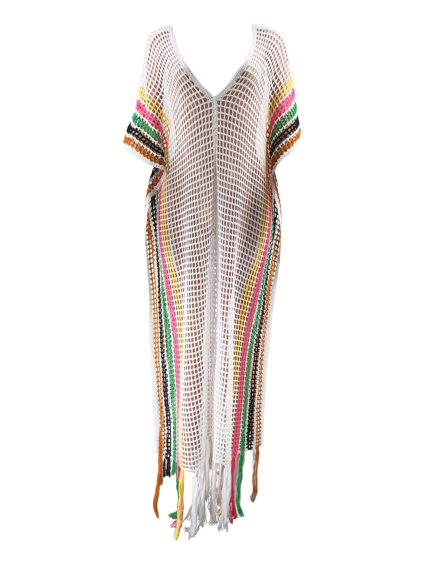 Dame strand-kaftan boho overtrekk med frynser og nett-design – Perfekt for ferie og strand
