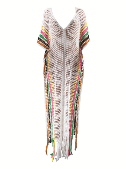 Dame strand-kaftan boho overtrekk med frynser og nett-design – Perfekt for ferie og strand