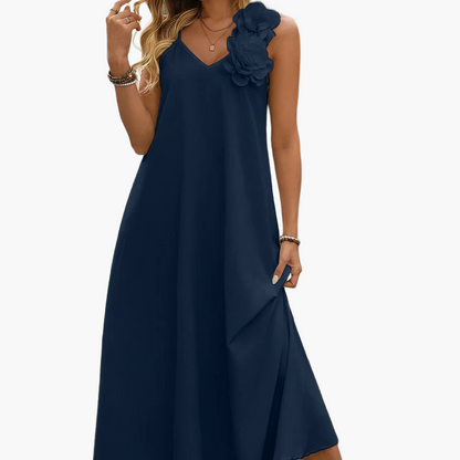 Damen Elegantes Maxikleid mit Blumenapplikation und V-Ausschnitt – Perfekt für Sommerfeste & Gartenpartys