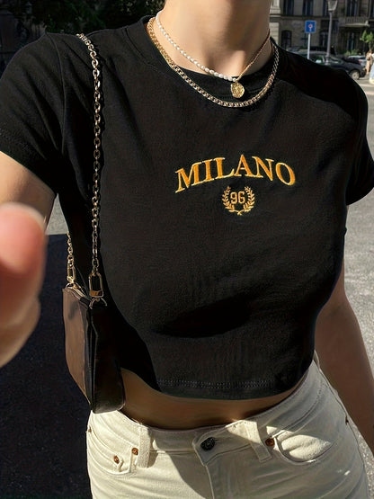T-shirt corta da donna in stile Y2K con ricamo "MILANO" – Top estivo alla moda