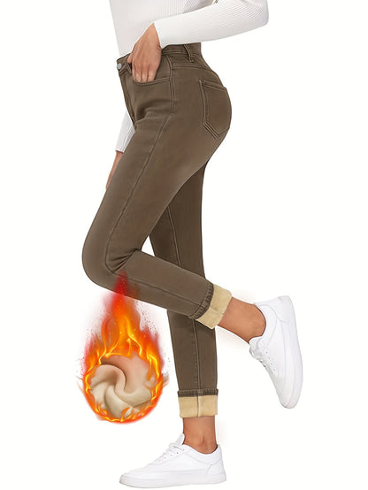Damen Jeans mit Plüschfutter Braun Winterhose gefüttert