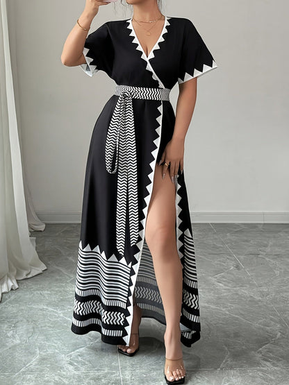 Damen Maxi Wickelkleid mit grafischem Muster und Gürtel – Elegantes Sommerkleid für festliche Anlässe