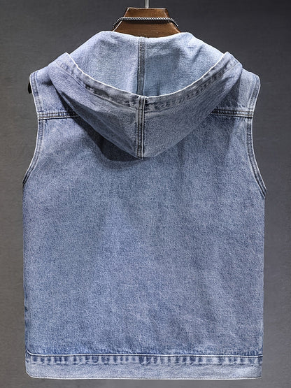 Chaqueta vaquera de hombre sin mangas con capucha, cremallera y efecto desgastado