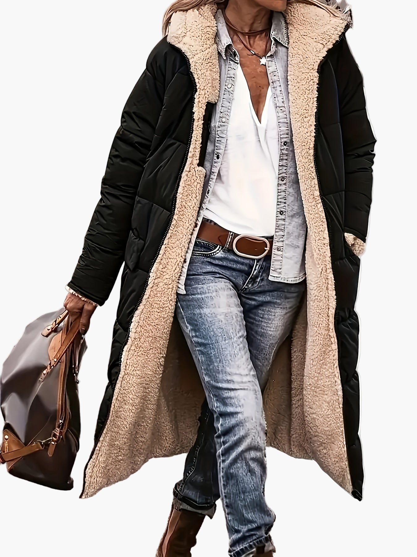 Longue doudoune pour femme avec capuche et doublure teddy – Veste d'hiver tendance pour le quotidien et les voyages
