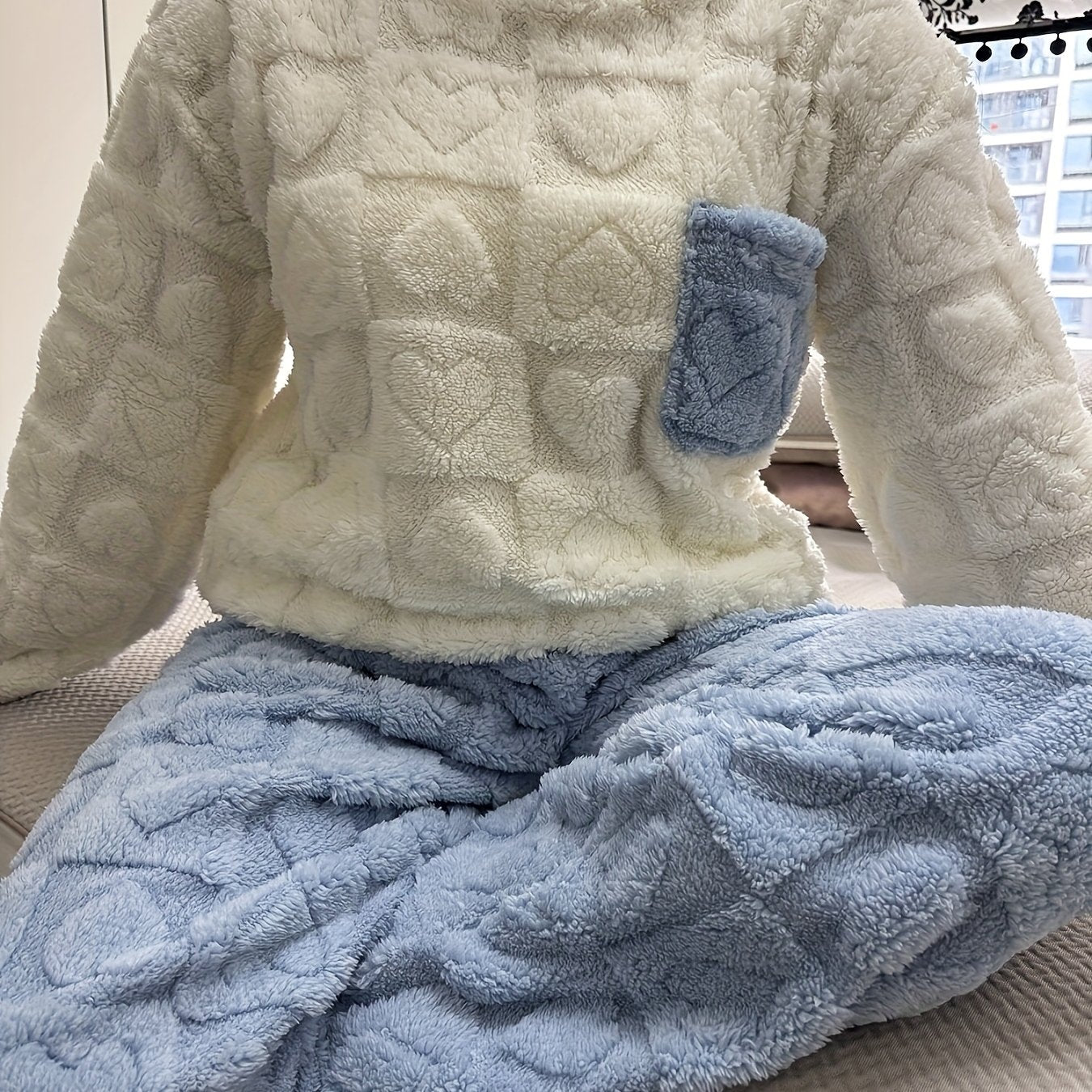 Pigiama coccoloso con motivo a cuori, morbido pigiama loungewear