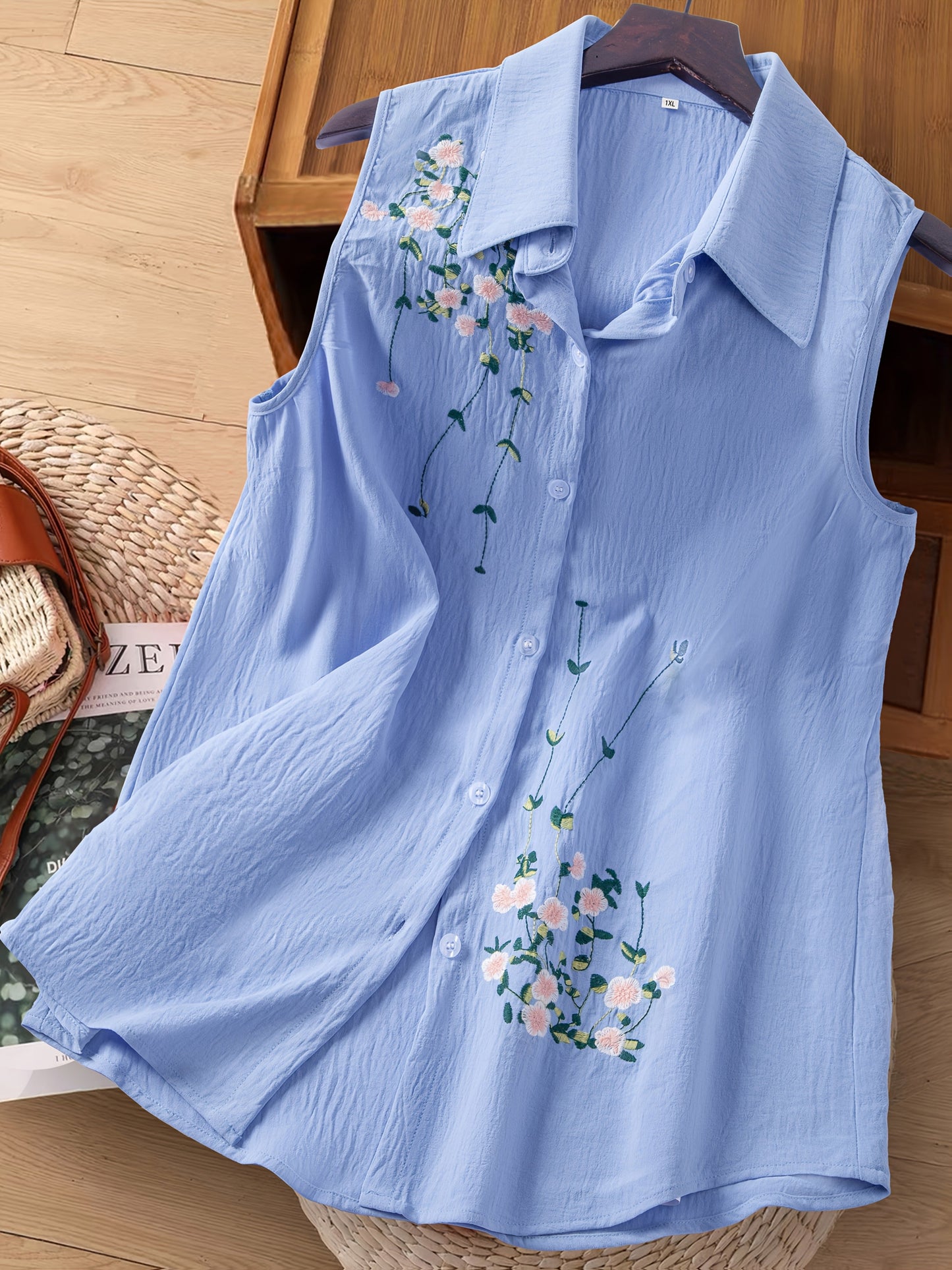 Damski top bez rękawów z kwiatową haftem – elegancki styl casualowy