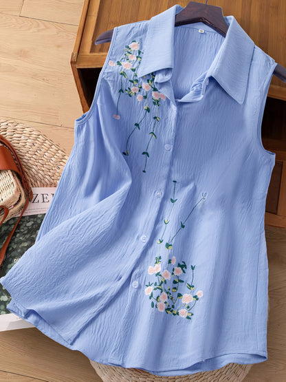 Damski top bez rękawów z kwiatową haftem – elegancki styl casualowy