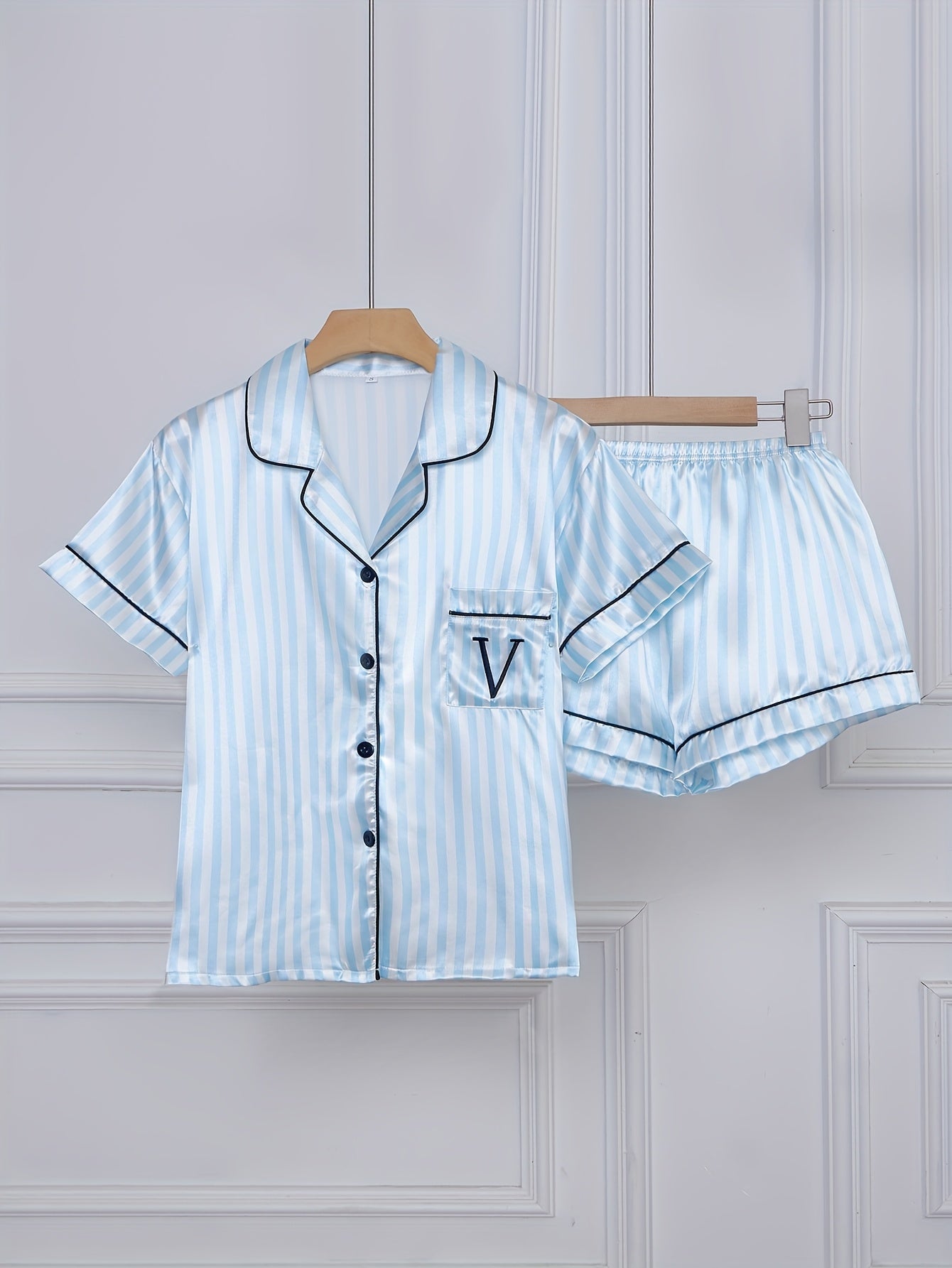 Set pigiama donna manica corta con righe e abbottonatura – Set comodo di biancheria da notte estiva