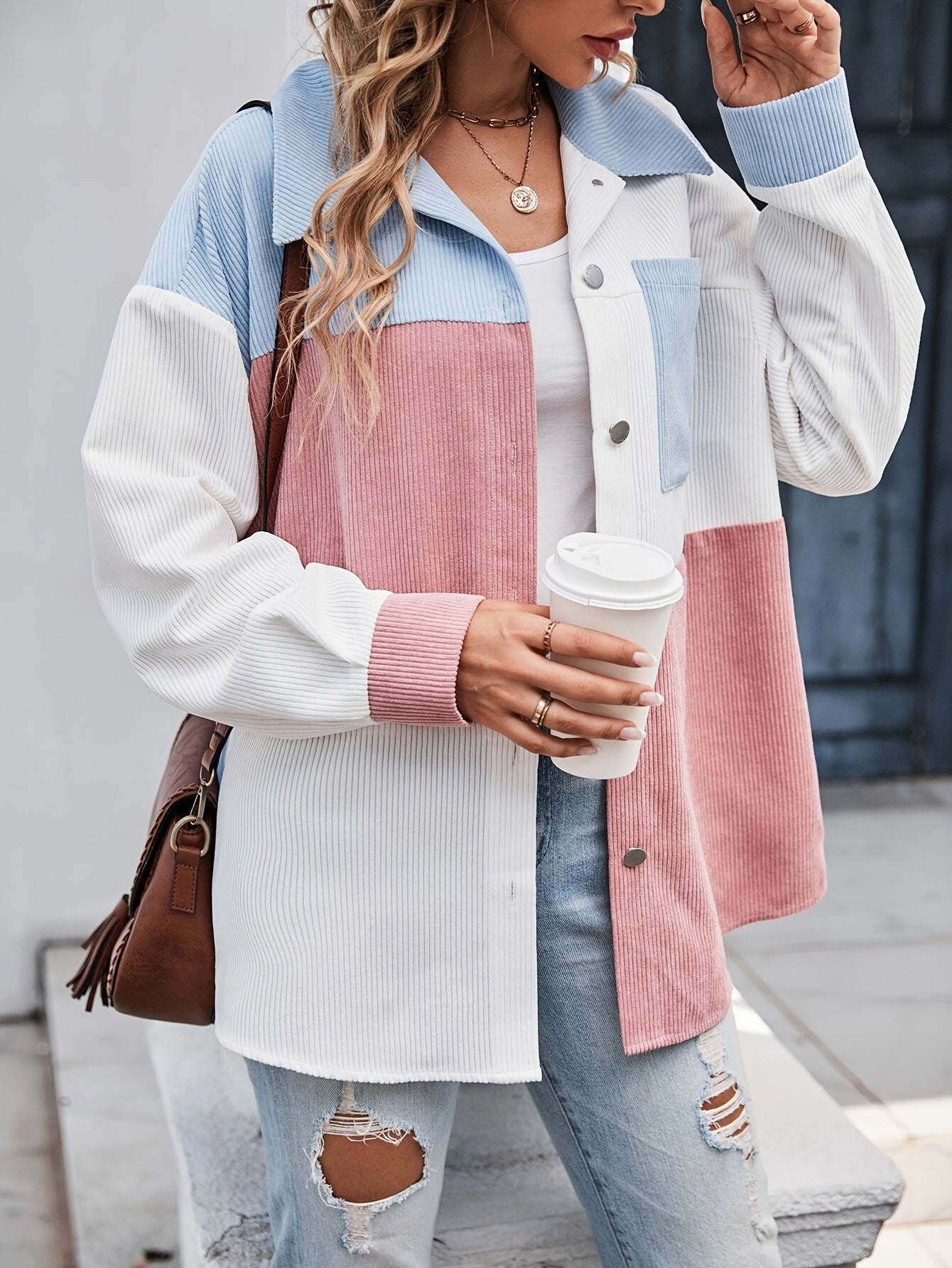 Cordhemdjacke Damen Oversized Colorblock Türkis Rosa Weiß