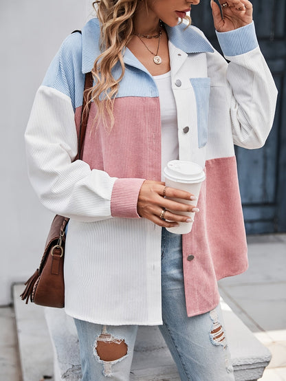 Cordhemdjacke Damen Oversized Colorblock Türkis Rosa Weiß