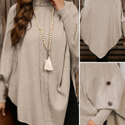 Poncho da donna, pullover a collo alto in maglia, casual, con bottoni e motivo a trecce