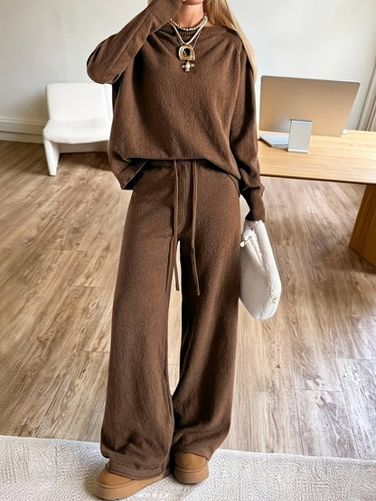 Damen Strick-Loungewear Set Braun mit weitem Bein