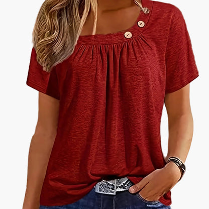 Damen Sommer-Shirt mit asymmetrischem Ausschnitt und Knopfdetail – Lässiges, modisches Freizeitoberteil